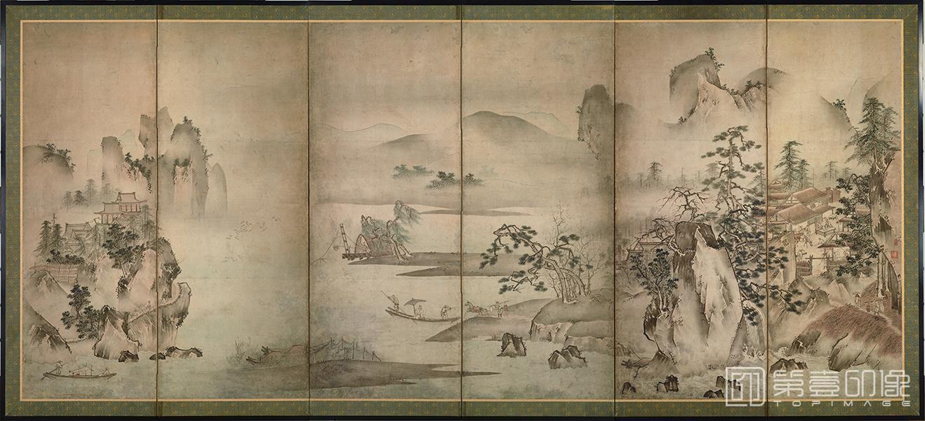 日本室町时代-杨月-四季山水图屏风纸本-158.4×367cm-02-水彩画作品-第